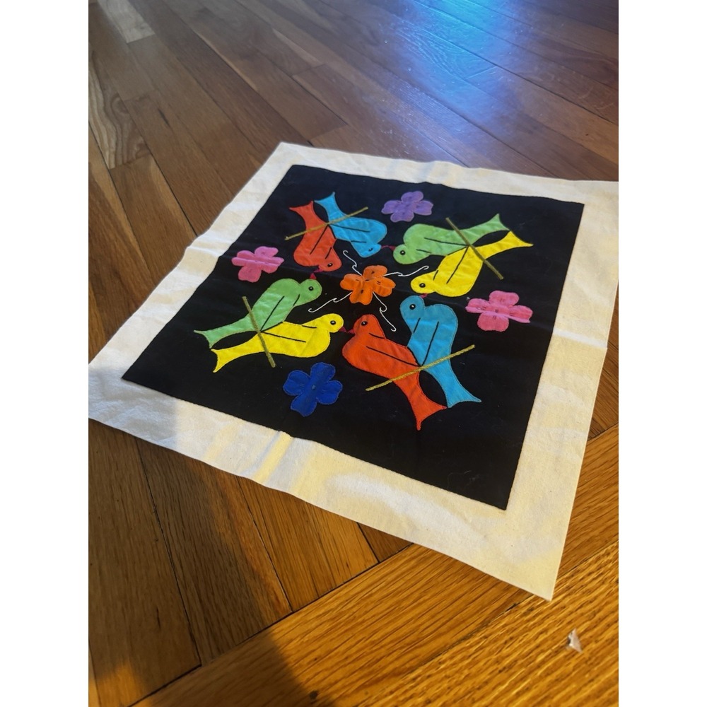 Vintage Embroidered Colorful Birds Wall Hanging Tapestry 16x16‎ India Made 70s